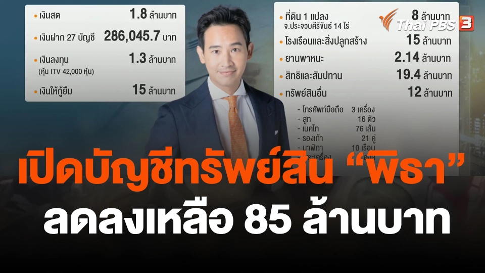 เปิดบัญชีทรัพย์สิน "พิธา" ลดลงเหลือ 85 ล้านบาท