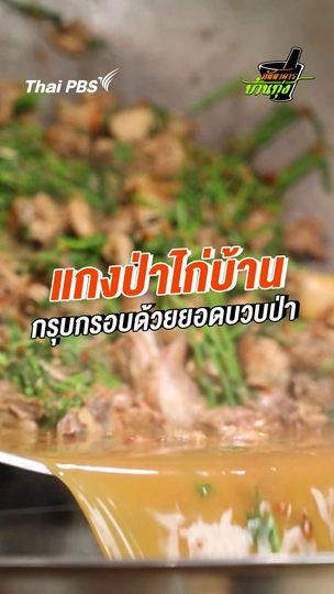 แกงป่าไก่บ้าน กรุบกรอบด้วยอดบวบป่า