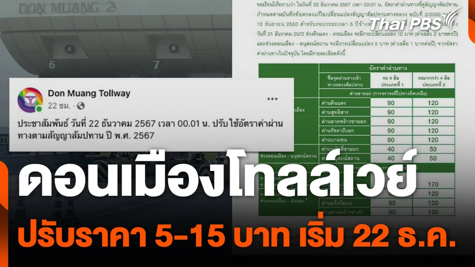 ดอนเมืองโทลล์เวย์ ปรับราคา 5-15 บาท เริ่ม 22 ธ.ค. 67