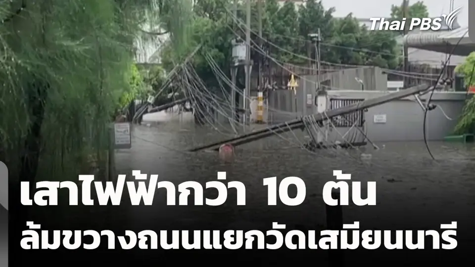 เสาไฟฟ้ากว่า 10 ต้น ล้มขวางถนนแยกวัดเสมียนนารี