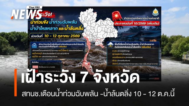 สทนช.เฝ้าระวัง 7 จังหวัดเสี่ยงน้ำท่วมฉับพลัน-น้ำล้นตลิ่ง ช่วงวันที่ 10-12 ต.ค.นี้ 