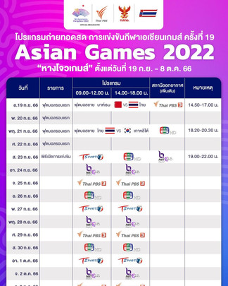 โปรแกรมถ่ายทอดสด เอเชียนเกมส์ 2022