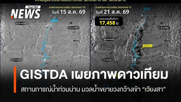 GISTDA เปิดภาพดาวเทียม เทียบน้ำท่วมน่าน 15-21 ส.ค. กระทบกว่า 17,458 ไร่
