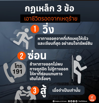 กฎเหล็ก 3 ข้อ เอาชีวิตรอด วิ่งหาทางออกให้เร็ว ซ่อนหากไม่พบทางออก สู้เมื่อจำเป็น 