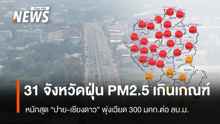 31 จังหวัด ฝุ่น PM2.5 เกินเกณฑ์ หนักสุด "ปาย-เชียงดาว" พุ่งเฉียด 300 มคก.ต่อ ลบ.ม.
