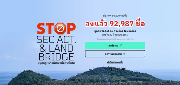 ร่วมลงชื่อทบทวน “แลนด์บริดจ์” ของ EnLaw ได้ 92,987 รายชื่อ
