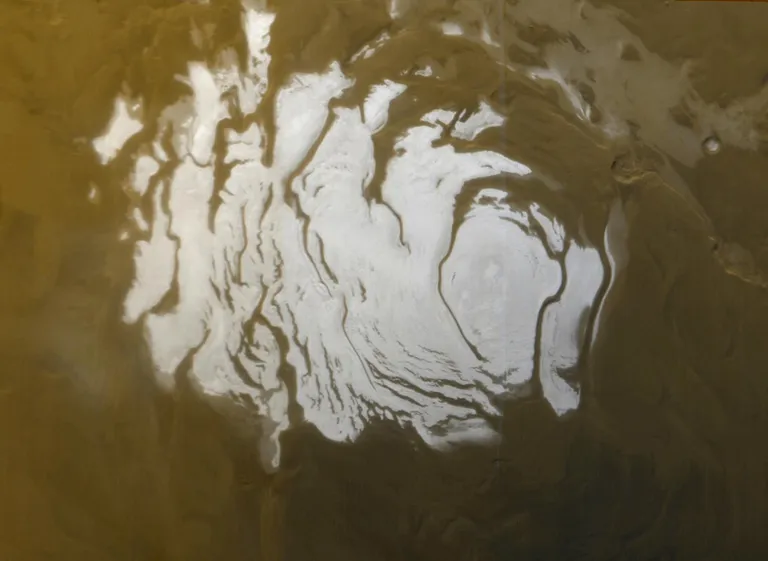 ภาพถ่ายธารน้ำแข็งขนาดใหญ่ที่ขั้วของดาวอังคาร เมื่อปี 2000 โดยยาน Mars Global Surveyor