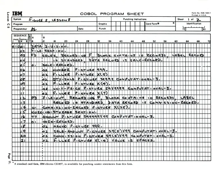ภาพของตารางโค้ดสำหรับการฝึกหัดและสำหรับวางแผนการเขียนโค้ดของภาษา COBOL ในช่วงปี 1967 ภาพจาก Eric Peacock