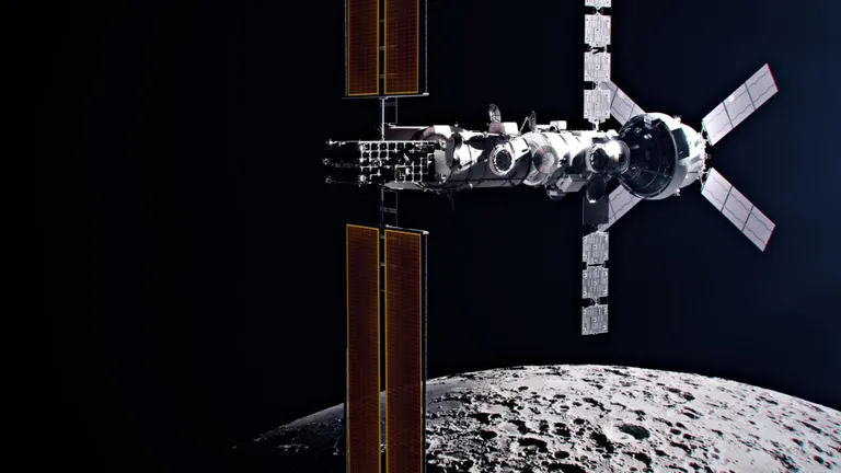 ภาพกราฟิกสถานีอวกาศ Lunar Gateway เมื่อเชื่อมต่อเข้าด้วยกันในภารกิจอาร์ทิมิส 4