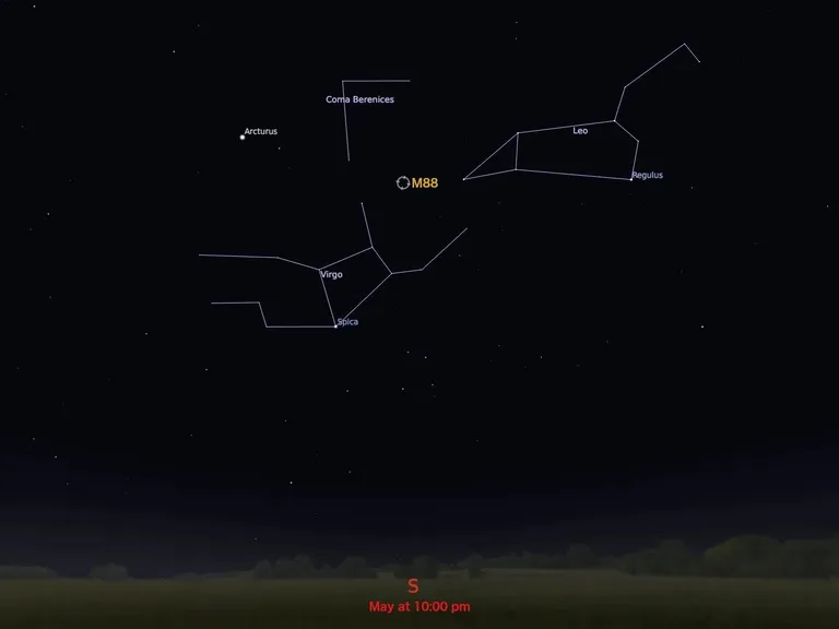 ตำแหน่งของกาแล็กซี M88 และกลุ่มดาวหญิงสาวบนท้องฟ้า ที่มา Stellarium