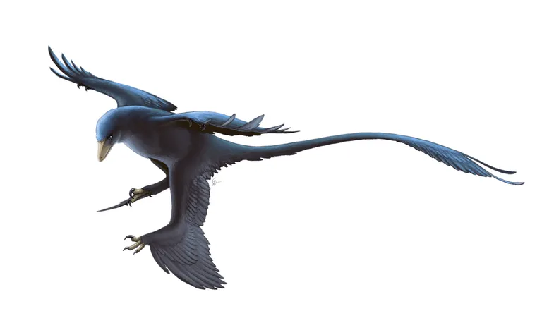ภาพวาดคาดการณ์ของ Microraptor gui ไดโนเสาร์ที่มีขนและปีก น่าจะสามารถบินได้เหมือนกับนก เคยมีชีวิตอยู่เมื่อ 120 ล้านปีก่อน ภาพจาก Fred Wierum