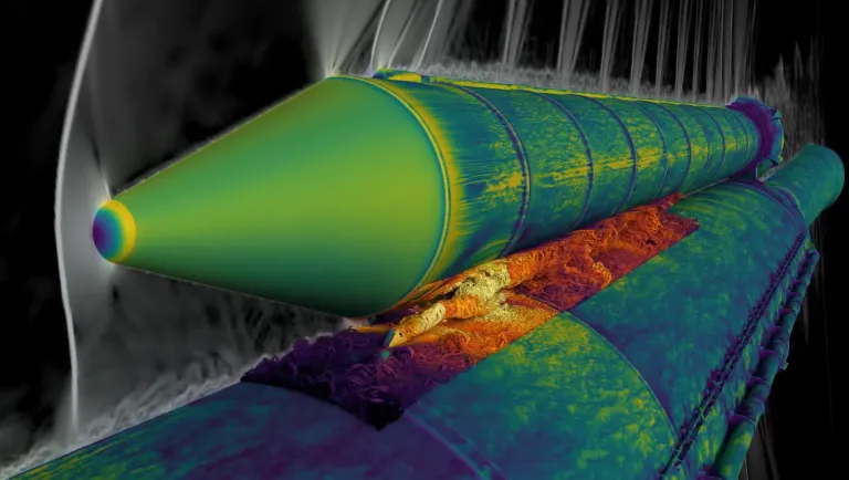 ภาพจำลองกระแสอากาศที่ไหลรอบจรวด SLS ของ NASA ก็ใช้สมการ Navier-Stokes ในการจำลอง ภาพจาก NASA.webp