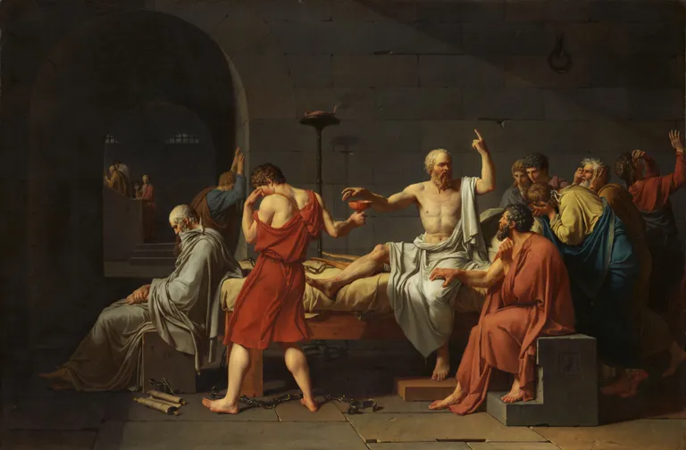 ภาพ "The Death of Socrates" ผลงานจิตรกรรมสีน้ำมันบนผ้าใบของ Jacques-Louis David จิตรกรชาวฝรั่งเศส ปัจจุบันจัดแสดงอยู่ที่ พิพิธภัณฑ์ศิลปะ Metropolitan นครนิวยอร์ก