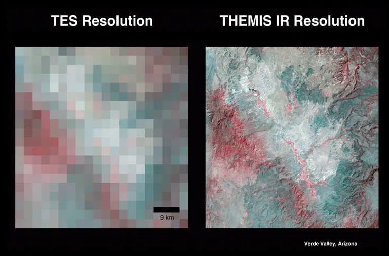 ภาพเปรียบเทียบศักยภาพกล้องถ่ายภาพของ THEMIS ของยาน Mars 2001 Odyssey ซึ่งเป็นตัวเดียวกับ E-THEMIS ของยูโรปาคลิปเปอร์ เทียบกับศักยภาพของกล้อง TES ของยาน Mars Global Surveyer ซึ่งภาพถ่ายที่จะได้จากยูโรปาคลิปเปอร์