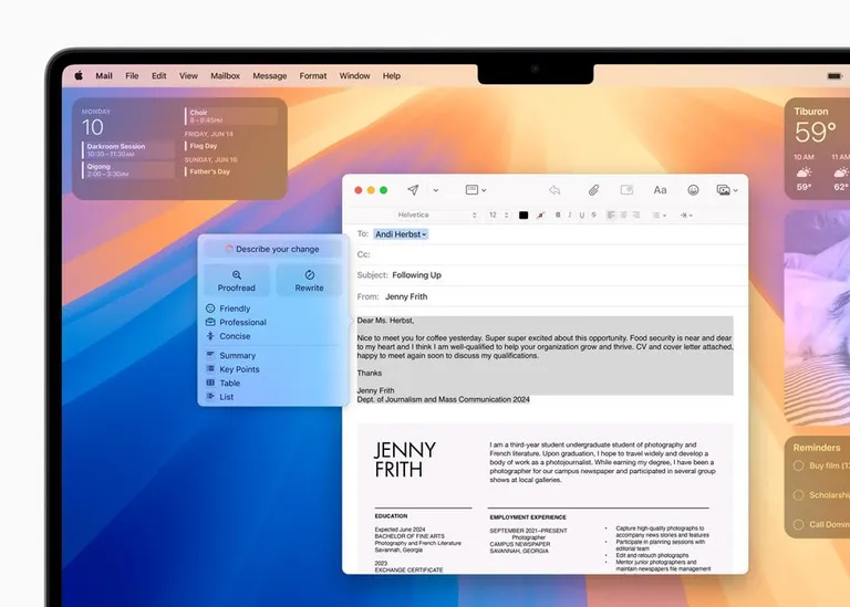 Writing Tools ใช้งานได้กับทั้งระบบสามารถปรับสำนวนการเขียน พิสูจน์อักษร และสรุปเนื้อหาในข้อความได้เกือบทุกที่ที่เขียน ภาพจาก Apple