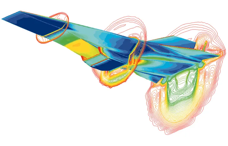 ภาพจำลองกระแสอากาศรอบตัวเครื่องบิน X-43 เครื่องบินความเร็วเหนือเสียงที่เร็วที่สุดในโลกที่ความเร็วมัค 7 ภาพจาก NASA
