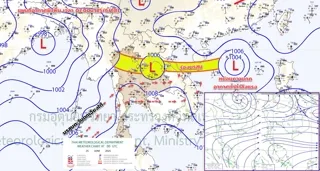 แผนที่แสดงให้เห็นถึงร่องมรสุมพาดผ่านตอนเหนือของประเทศไทยในปี 2025 : ที่มาภาพ กรมอุตุนิยมวิทยา