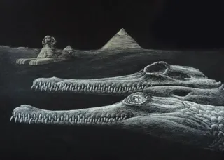 ภาพวาดสฟิงซ์และมหาพีระมิดกับ Herugavialis cairensis ตะโขงที่ค้นพบในหมวดหินเดียวกับสิ่งก่อสร้างเหล่านี้ ภาพจาก Karim Zanaty