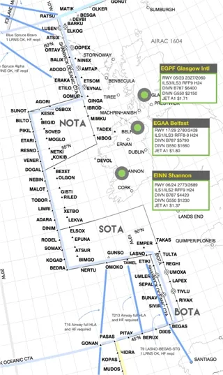 แผนที่ทางเข้า NAT จากฝั่งตะวันออกหรือฝั่งทวีปยุโรป