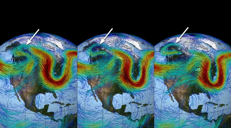 ภาพการเปลี่ยนแปลงทิศทางการไหลของกระแสลมกรดขั้วโลก ภาพจาก NASA-NOAA