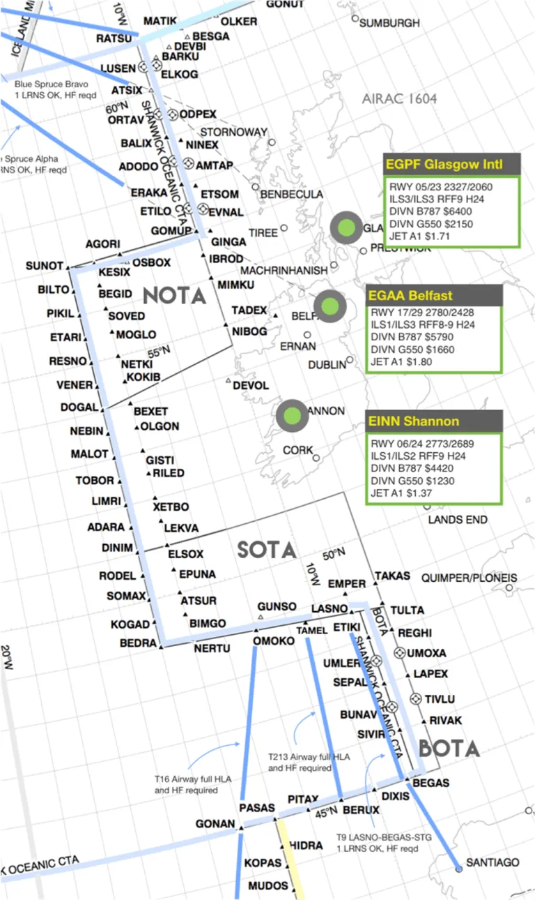 แผนที่ทางเข้า NAT จากฝั่งตะวันออกหรือฝั่งทวีปยุโรป