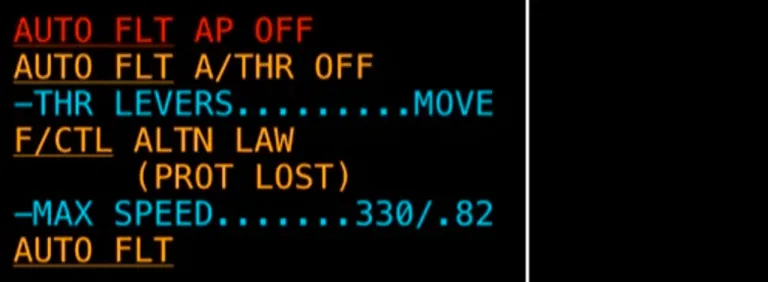 หน้าจอ ECAM ในเครื่องบิน Airbus ซึ่งแสดงให้เห็นว่า Alternate Law (ALTN LAW) นั้นกำลังถูกบังคับใช้อยู่
