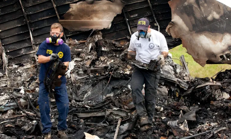 เจ้าหน้าที่สืบสวนสอบสวนของ NTSB ขณะกำลังเก็บกู้ FDR และ CVR จากซากเครื่องบิน UPS Airlines เที่ยวบินที่ 1354