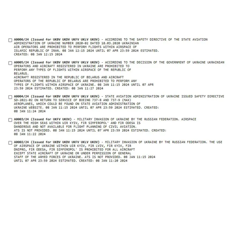 NOTAM ซึ่งออกเพื่อแจ้งเตือนนักบินขณะที่กองกำลังทหารของประเทศรัสเซียกำลังรุกรานเข้าประเทศยูเครน