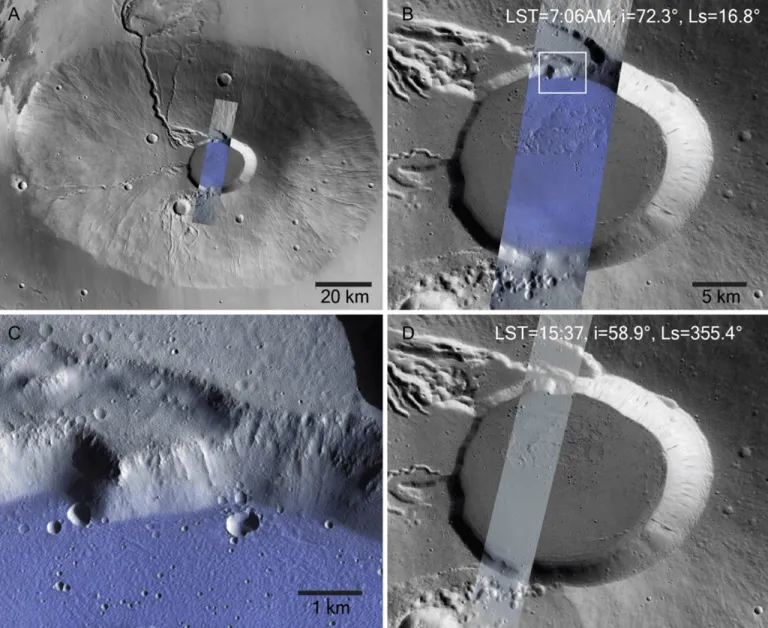 มุมอง น้ำค้างแข็งบนพื้นปล่องภูเขาไฟ Ceraunius Tholus ภาพจาก ESA, DLR, FU Berlin