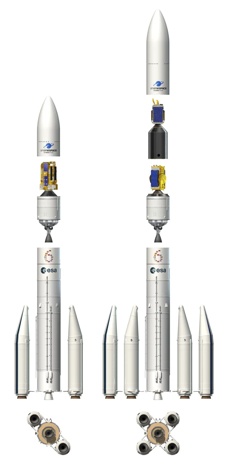 ภาพจำลองแยกส่วนหลักของจรวด Ariane 6 ที่มีเครื่องยนต์จรวดแข็งเป็น Booster ที่สามารถเลือกใช้แบบสองเครื่องยนต์หรือสี่เครื่องยนต์ได้ และฝาครอบจรวดที่สามารถเลือกขนาดได้