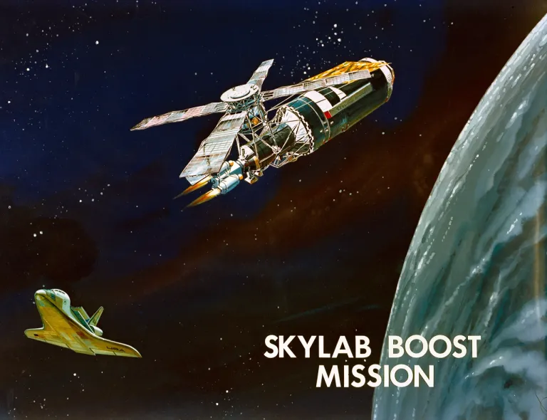 ภาพวาดโครงการสานต่ออายุสถานีอวกาศ Skylab ผ่านการใช้ภารกิจกระสวยอวกาศในการเชื่อมต่อและเร่งความเร็วของตัวสถานีอวกาศไม่ให้ตกลงโลก