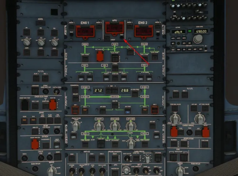 แผงควบคุมเครื่องบิน Airbus A320 แสดงให้เห็นถึงแผงควบคุมระบบควมคุมเพลิง