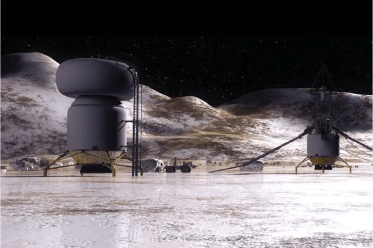 ภาพจินตนาการแนวคิดสถานีวิจัยบนพื้นผิวดวงจันทร์คัลลิสโตของ NASA จากการนำเสนอปี 2003