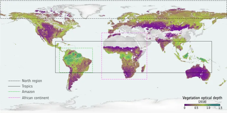 ภาพแผนภูมมิความหนาแน่นของพืชพรรณบนพื้นผิวจากข้อมูลเมื่อปี 2018 ภาพจาก ESA