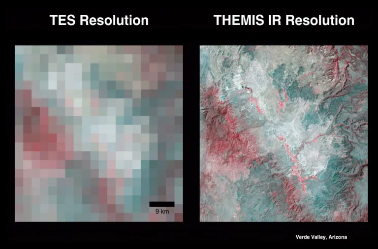 ภาพเปรียบเทียบศักยภาพกล้องถ่ายภาพของ THEMIS ของยาน Mars 2001 Odyssey ซึ่งเป็นตัวเดียวกับ E-THEMIS ของยูโรปาคลิปเปอร์ เทียบกับศักยภาพของกล้อง TES ของยาน Mars Global Surveyer ซึ่งภาพถ่ายที่จะได้จากยูโรปาคลิปเปอร์