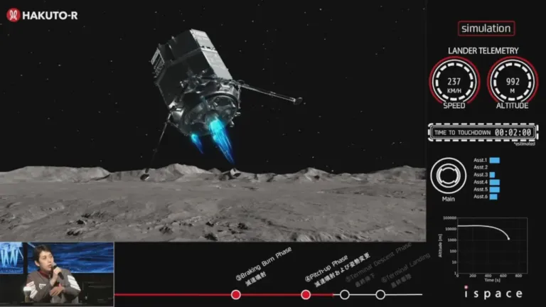 ยานรีซิเลียนซ์ (Resilience) ในภารกิจฮากุโตะ-อาร์ มิชชัน 2 (Hakuto-R Mission 2) ของ ispace บริษัทเอกชนด้านเทคโนโลยีอวกาศของญี่ปุ่น มีแผนลงจอดบนดวงจันทร์เมื่อวันศุกร์ที่ผ่านมา แต่กลับกลายเป็นพุ่งชนพื้นผิว ภาพจาก ispace
