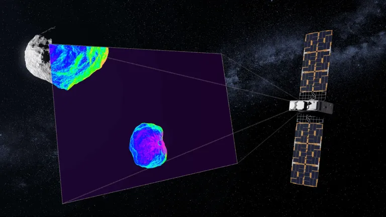 ภาพวาดการทำงานของยาน Milani ยาน CubeSat ขนาดเล็กที่เดินทางไปกับ Hera เพื่อสำรวจระบบดาวเคราะห์น้อย