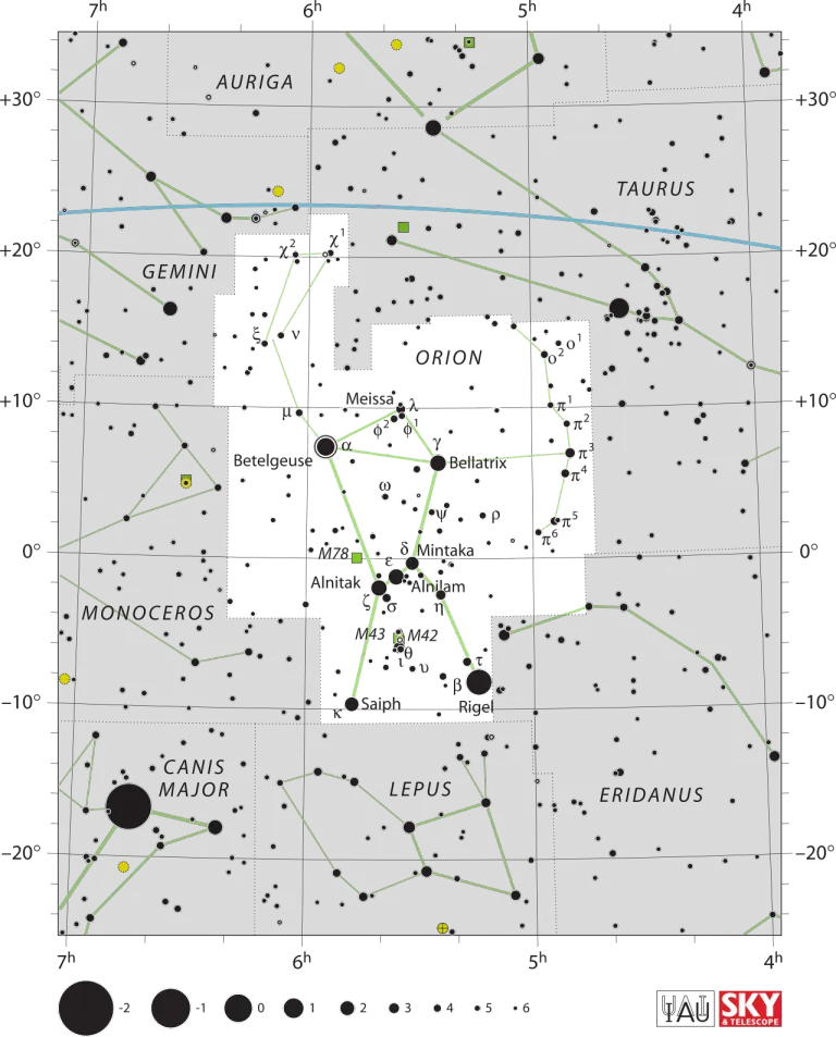 ภาพตำแหน่งของ FU Ori ในกลุ่มดาว Orion ภาพแผนที่โดย สมาคมดาราศาสตร์สากล