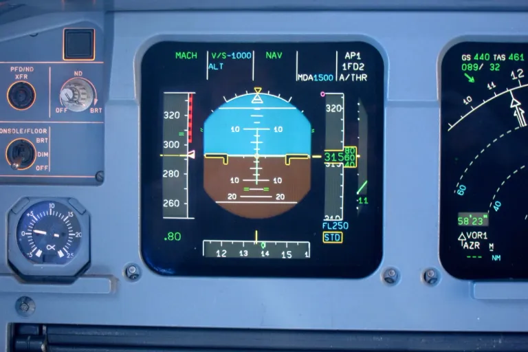 จอแสดงผลหลัก (Primary Flight Display) ซึ่งแสดงผลข้อมูลการบินรวมถึงขอบฟ้าจำลอง