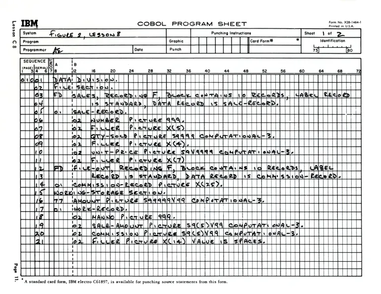 ภาพของตารางโค้ดสำหรับการฝึกหัดและสำหรับวางแผนการเขียนโค้ดของภาษา COBOL ในช่วงปี 1967 ภาพจาก Eric Peacock
