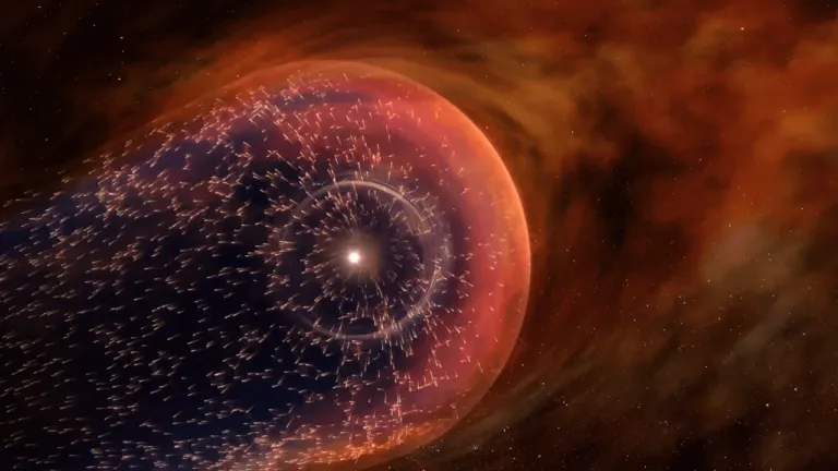 ภาพจำลอง Bow shock ฟองมวลสารที่เกิดจากลมสุริยะชนกับมวลสารจากนอกระบบสุริยะ เกิดเป็นจุดหวนกลับของลมสุริยะ ซึ่งเป็นหนึ่งในงานสำคัญที่ PUNCH ทำการศึกษา