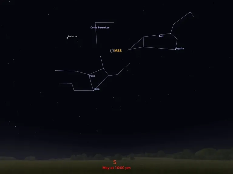 ตำแหน่งของกาแล็กซี M88 และกลุ่มดาวหญิงสาวบนท้องฟ้า ที่มา Stellarium