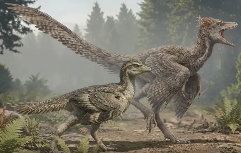 ภาพจำลองโครงสร้างใหม่ของนกยุคก่อนประวัติศาสตร์ในยุราสสิก ได้แก่ Zhengheornis buyu (ด้านหน้า) และ Fujianvenator prodigiosus (ด้านหลัง) แสดงให้เห็นความแตกต่างของความยาวหาง ภาพจาก Chung-Tat Cheung