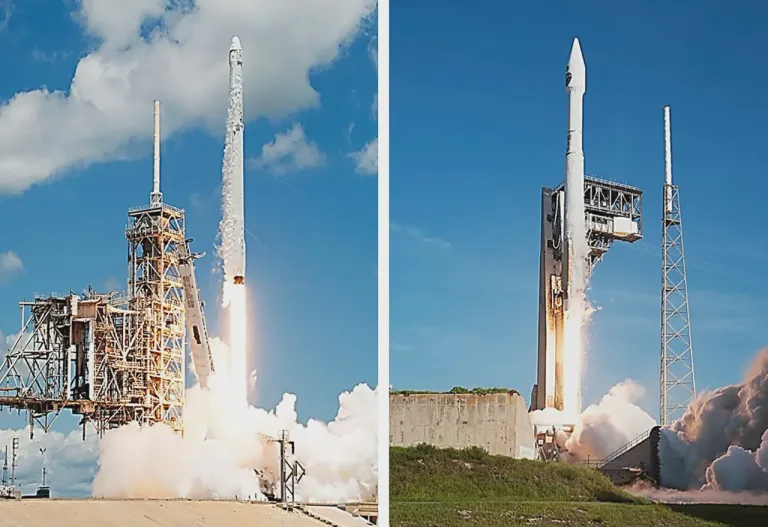 ภาพซ้าย วันที่ 14 สิงหาคม 2560 จรวด Falcon 9 ทะยานขึ้นจากฐานปล่อยจรวดหมายเลข 39A ที่ศูนย์อวกาศเคนเนดีของนาซา ภาพขวา วันที่ 18 สิงหาคม 2560 จรวด Atlas V ของ United Launch Alliance ทะยานขึ้นจากฐานปล่อยจรวดหมายเลข 41 ที่ฐานทัพอากาศเคปคานาเวอรัล เพื่อส่งดาวเทียมติดตามและส่งข้อมูลของนาซาขึ้นสู่วงโคจร ภาพจาก NASA/Tony Gray and Sandra Joseph