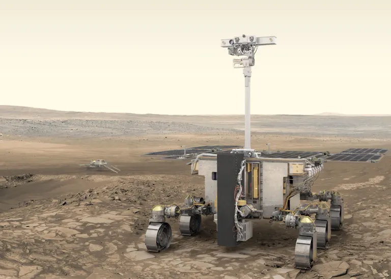 ภาพวาดของหุ่นยนต์ Rosalind Franklin ของโครงการ ExoMars ที่ถูกเลื่อนการปล่อยตั้งแต่ปี 2018 ปัจจุบันมีแผนจะส่งไปยังดาวอังคารในปี 2028 ภาพจาก ESA