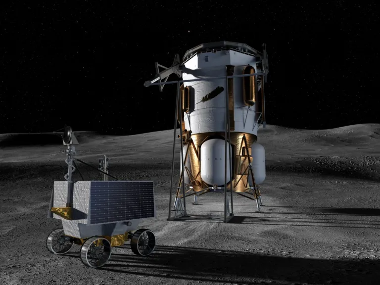 ภาพวาดของหุ่นยนต์ VIPER พร้อมกับยาน Blue Moon ของ Blue Origin ที่เป็นยานขนส่งหุ่นยนตฺ VIPER ไปยังดวงจันทร์ในภารกิจใหม่ ภาพจาก NASA