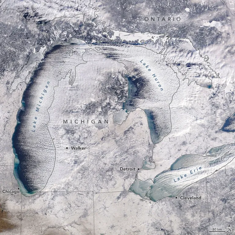 ภาพถ่ายจากดาวเทียมของพื้นที่บริเวณทะเลสาบ Great Lake บริเวณชายแดนสหรัฐอเมริกาและแคนาดา ที่เผชิญกับภัยความหนาวและหิมะตกหนักสะสมในช่วงมกราคมที่ผ่านมา ภาพจาก NASA
