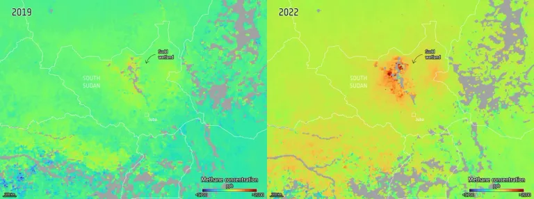 ภาพเปรียบเทียบปริมาณมีเทนภายในชั้นบรรยากาศของปี 2019 กับปี 2022 ซึ่งพบการเพิ่มขึ้นของมีเทนในทั่วทุกมุมโลกอย่างน่าประหลาดและเป็นข้อสงสัยที่อาจไขความลับกระบวนการทางเคมีภายในชั้นบรรยากาศของโลกอยู่ ภาพจาก ESA