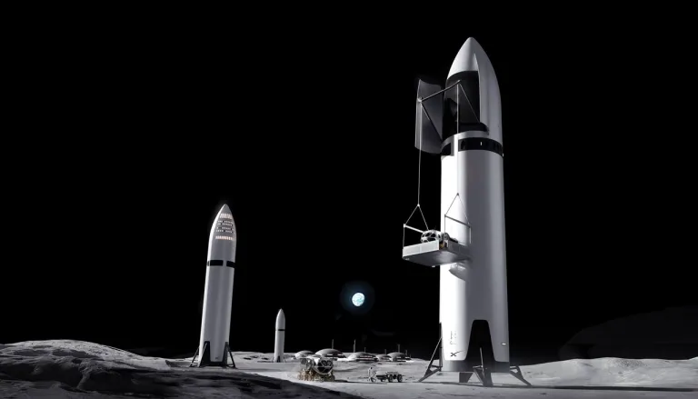 ภาพวาดจากจินตนาการการสร้างโคโลนีบนดวงจันทร์ของ SpaceX ซึ่งการที่โคโลนีมีจรวด Starship HLS นับว่าเป็นอีกฉากที่แปลกและแตกต่างไปจากจินตนาการเดิม ๆ ไปอย่างมาก ภาพจาก SpaceX