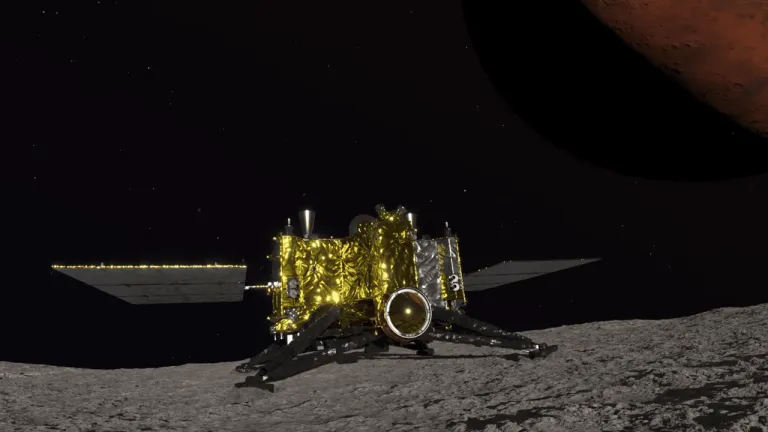 ภาพวาดยาน MMX ลงจอดบนพื้นผิวของดวงจันทร์โฟบอส ภาพจาก JAXA